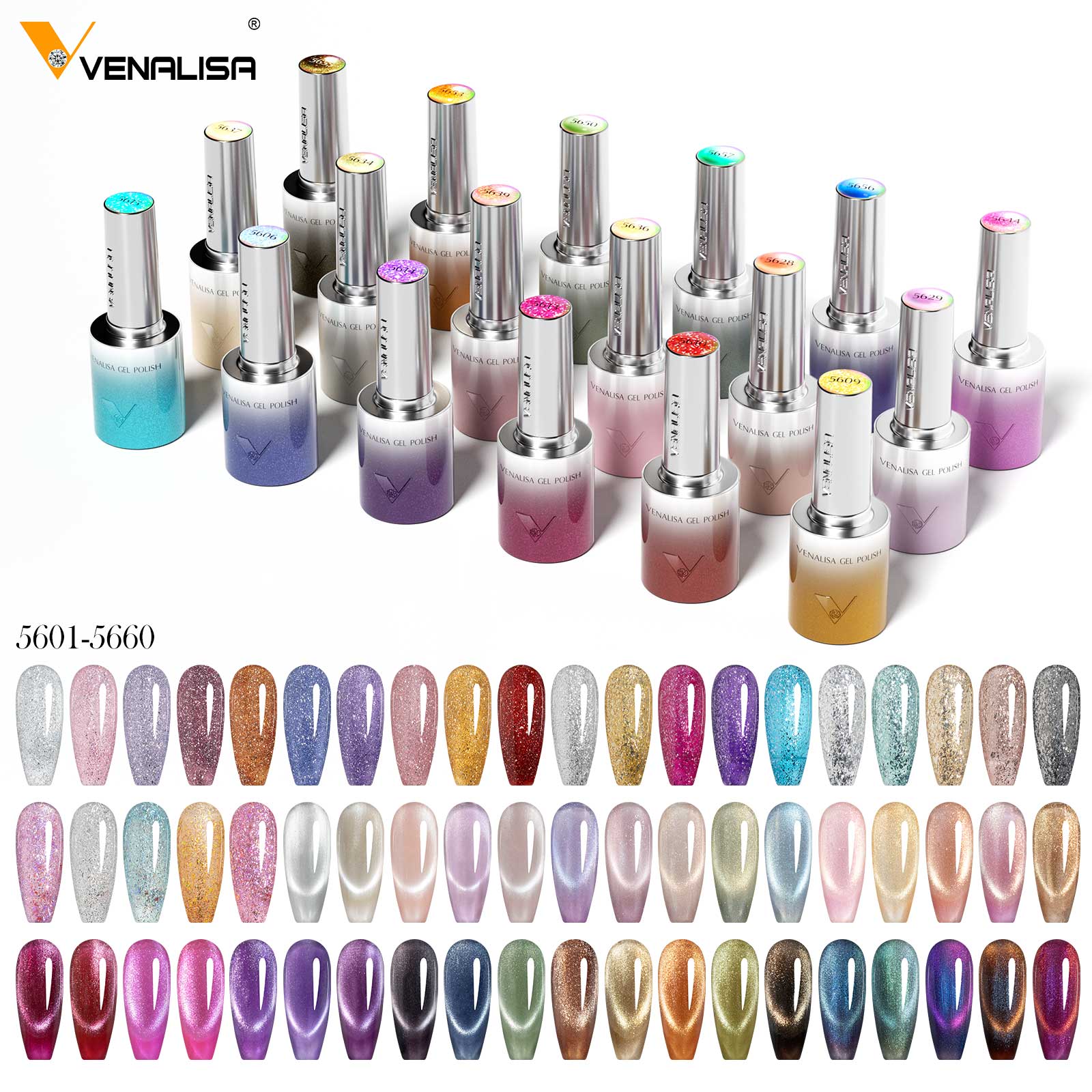 10ML Glitter & Cat Eye Gel 60 Colors Set (With Color Display) TPO Free Hema Free - Image 2