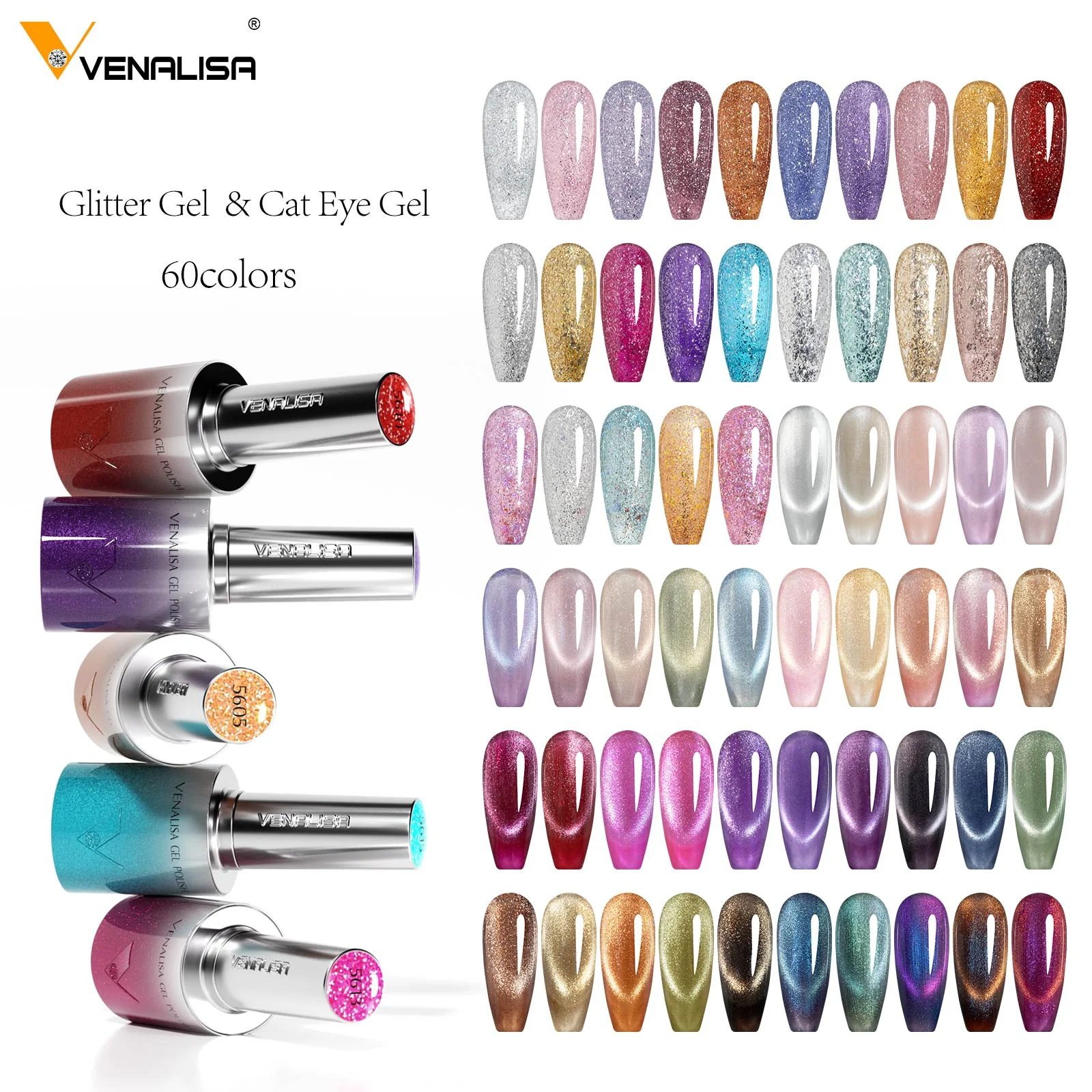 10ML Glitter & Cat Eye Gel 60 Colors Set (With Color Display) TPO Free Hema Free - Image 4